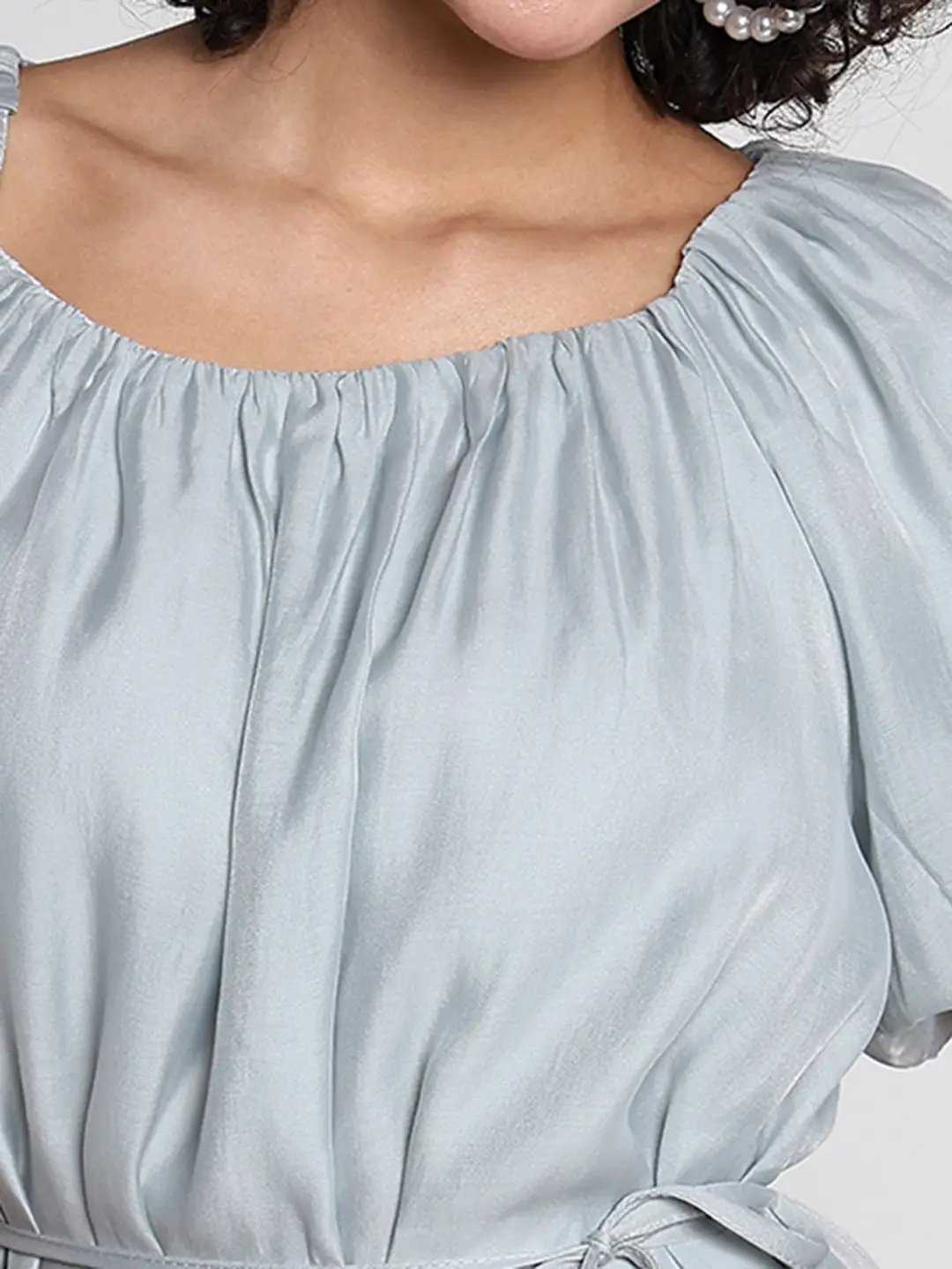Women's Grey Puff Sleeve Midi Dress with Tie Detail - Uncategorized from SHOWOFFFF