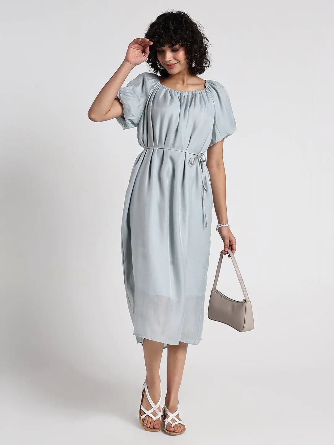Women's Grey Puff Sleeve Midi Dress with Tie Detail - Uncategorized from SHOWOFFFF