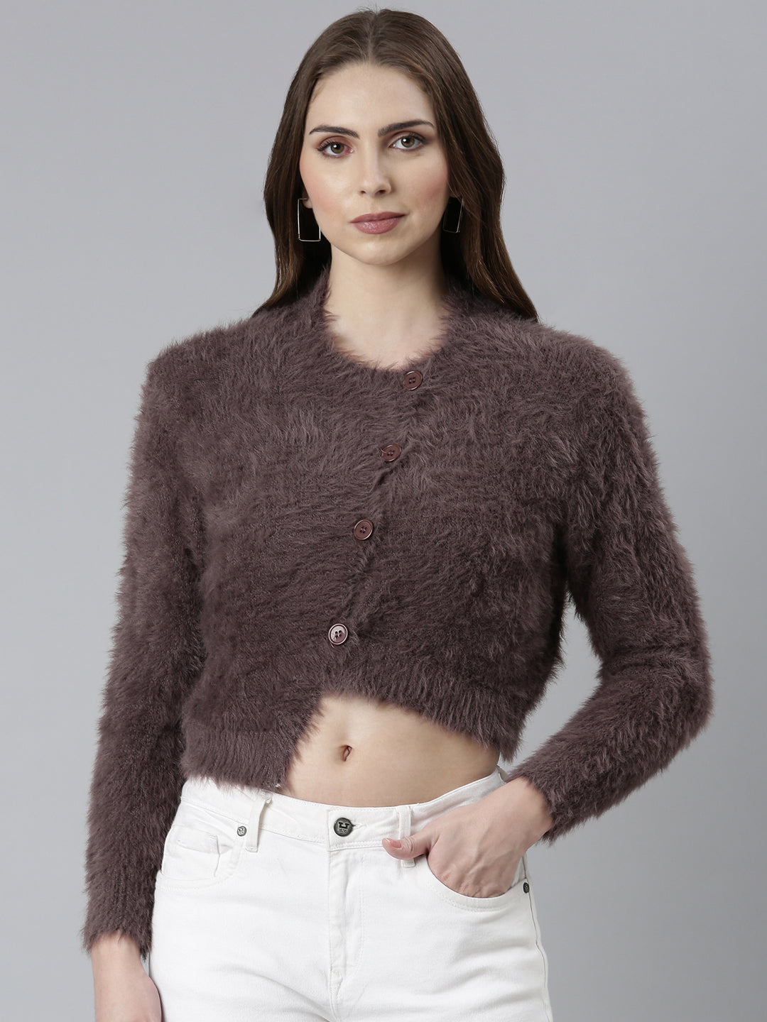 Women Taupe Solid Crop Cardigan