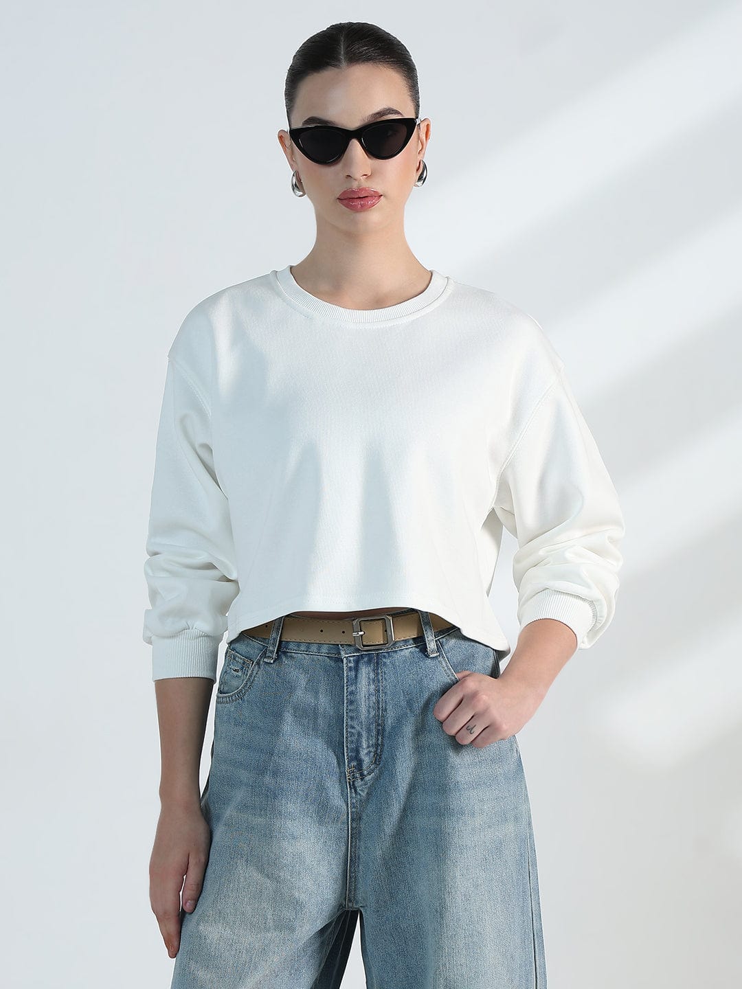 Women's White Oversized Round Neck Sweatshirt