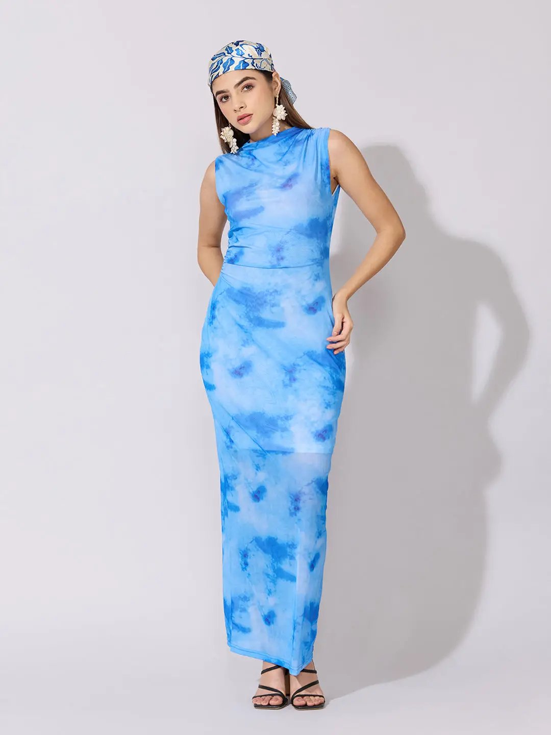 blue ruched mesh dress Liyana Ruched Mesh Midi Dress