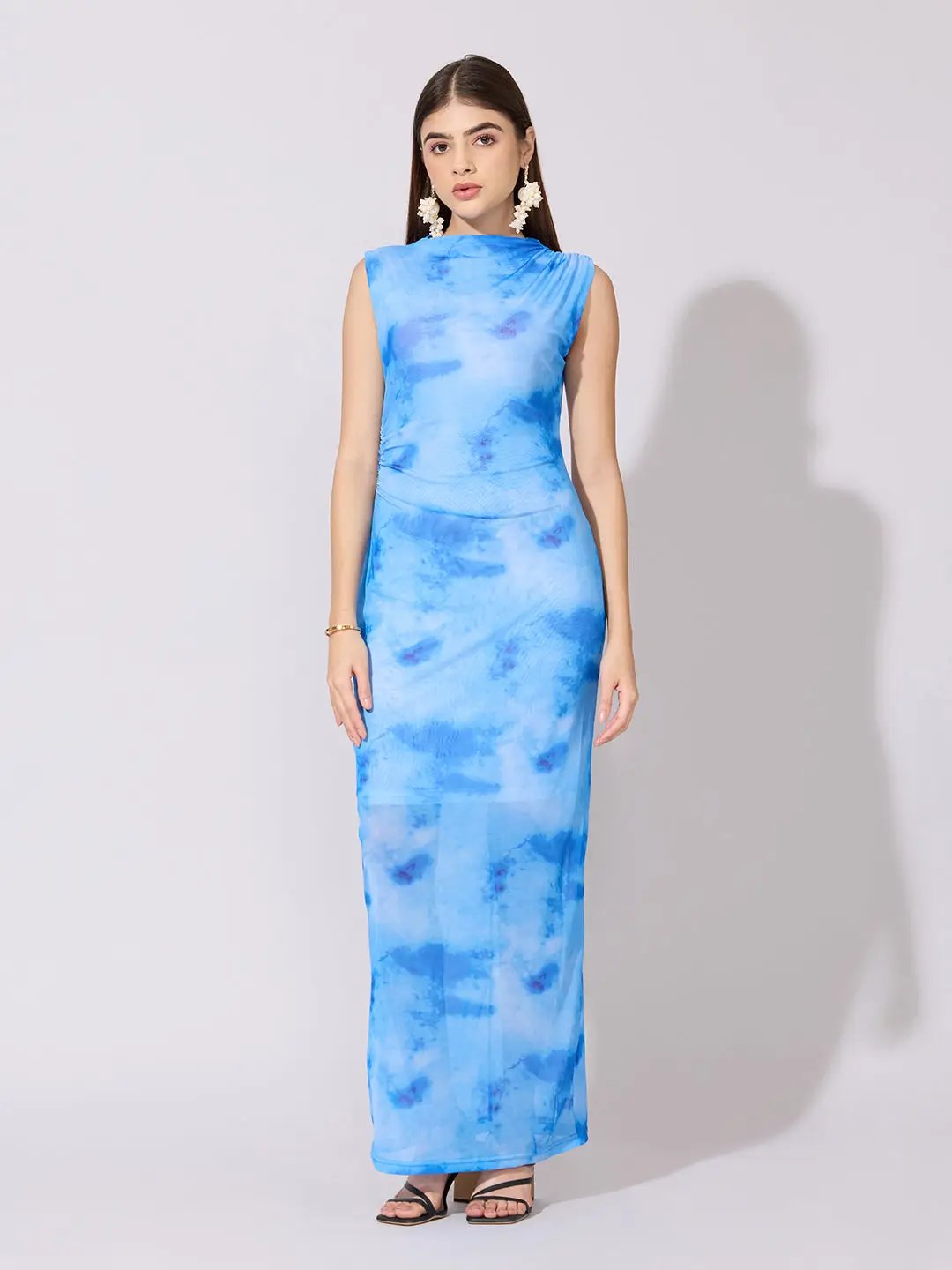 SHOWOFFFF Edition Women's Tie-Dye Blue Ruched Bodycon Mesh Dress