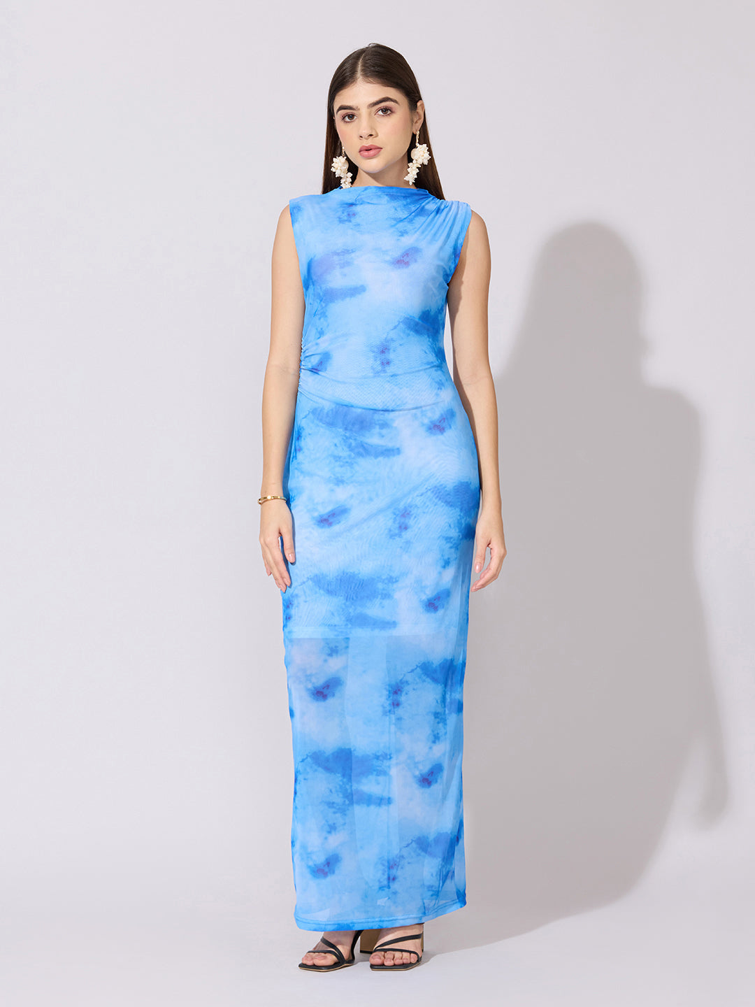 Women's Tie-Dye Blue Ruched Bodycon Mesh Dress