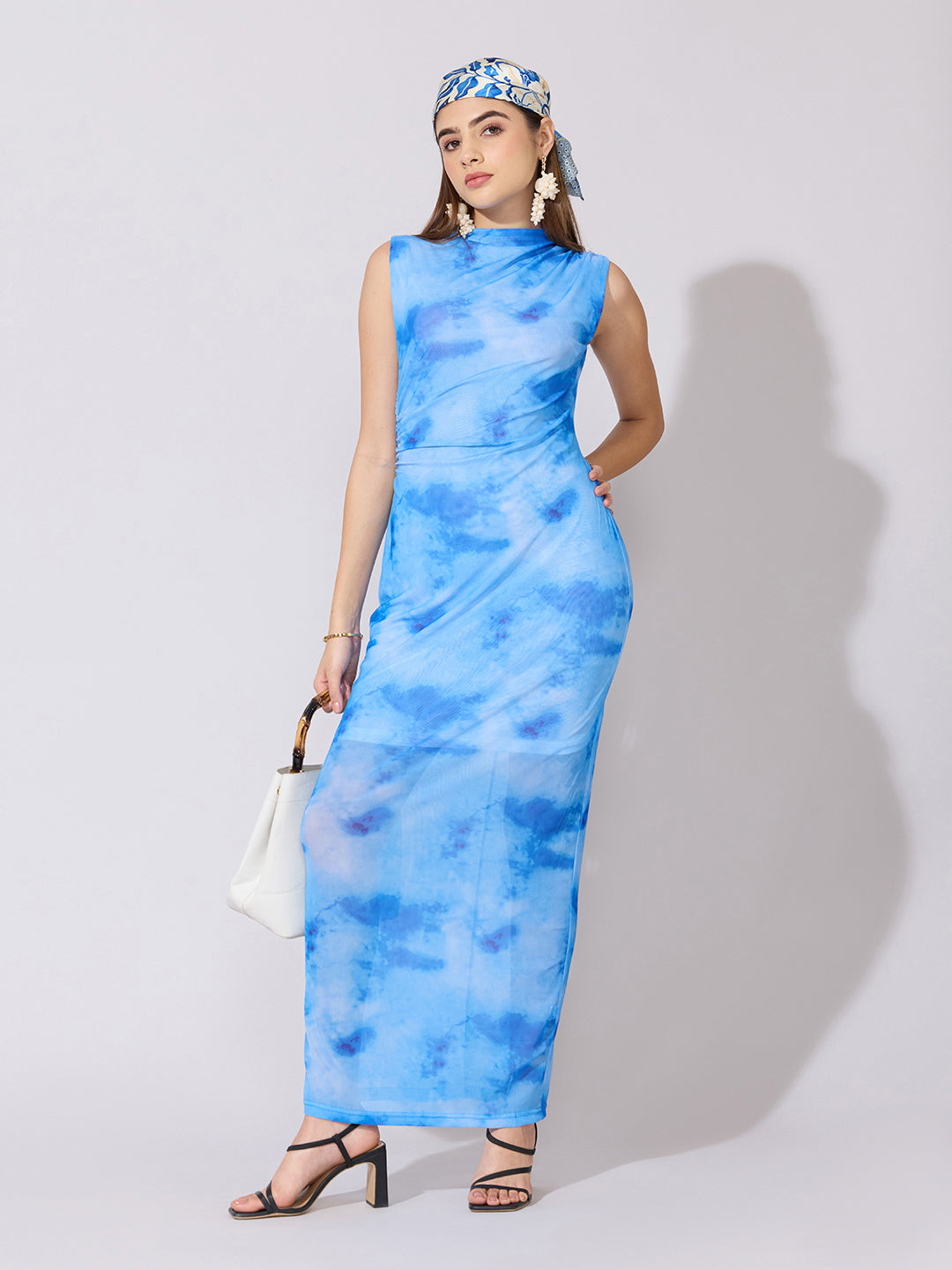 Women's Tie-Dye Blue Ruched Bodycon Mesh Dress