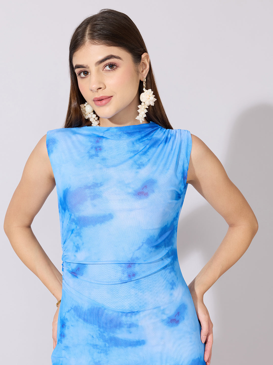 Women's Tie-Dye Blue Ruched Bodycon Mesh Dress