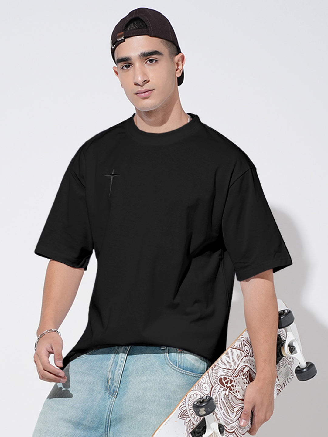Men's Embroidered Black Round Neck Oversized T-Shirt