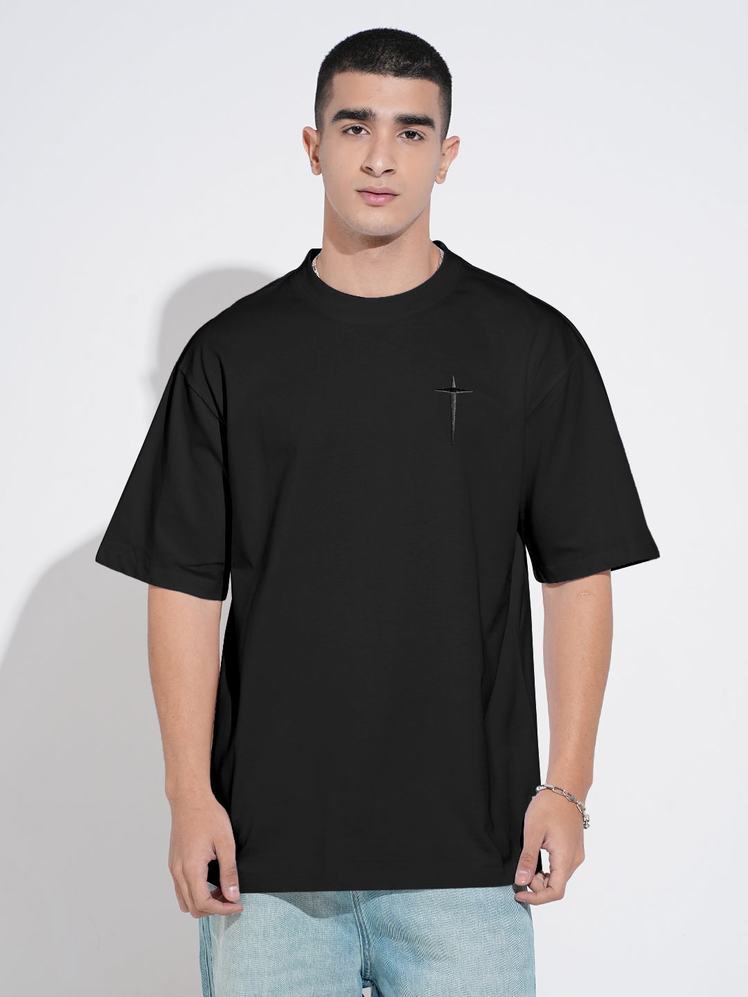 Men's Embroidered Black Round Neck Oversized T-Shirt