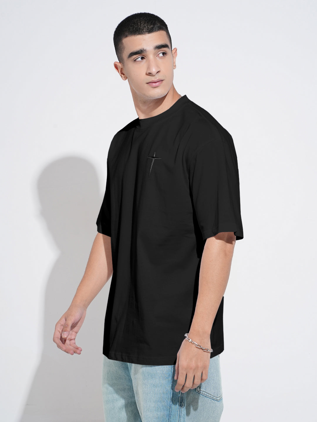Men's Embroidered Black Round Neck Oversized T-Shirt