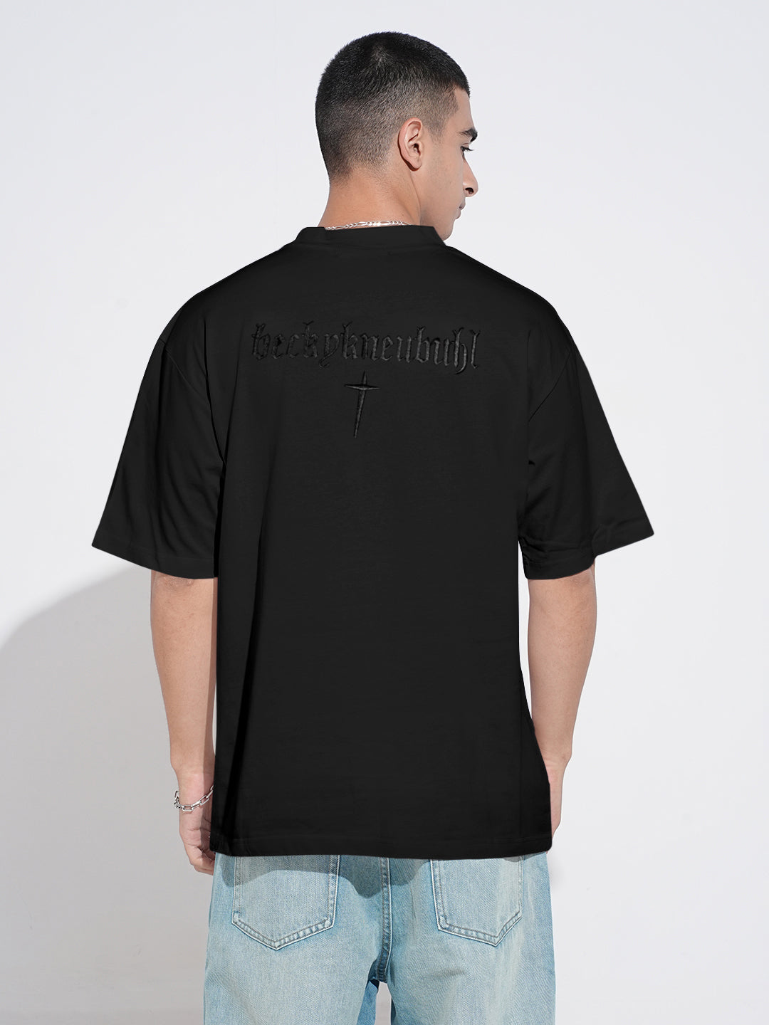 Men's Embroidered Black Round Neck Oversized T-Shirt