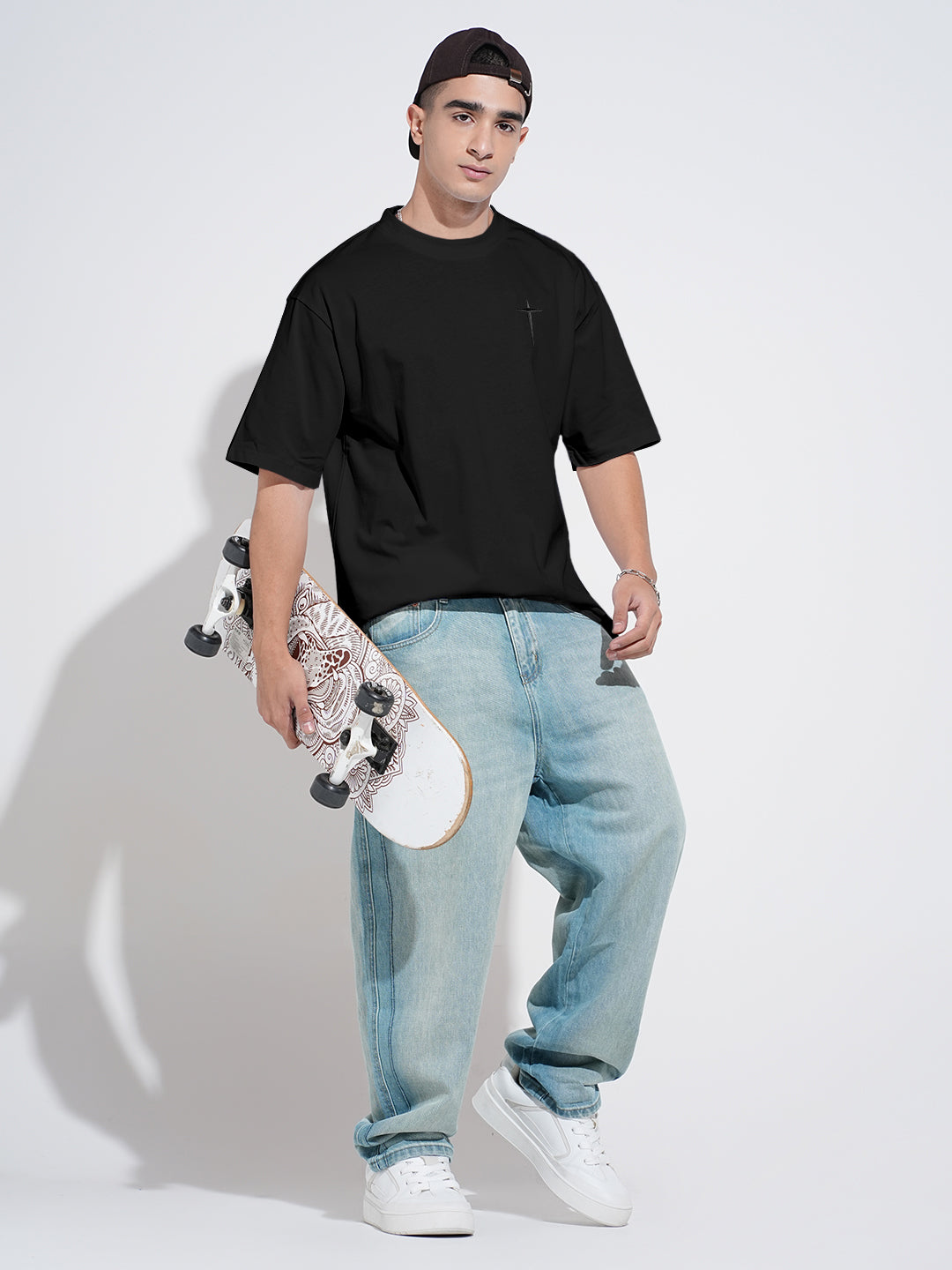 Men's Embroidered Black Round Neck Oversized T-Shirt