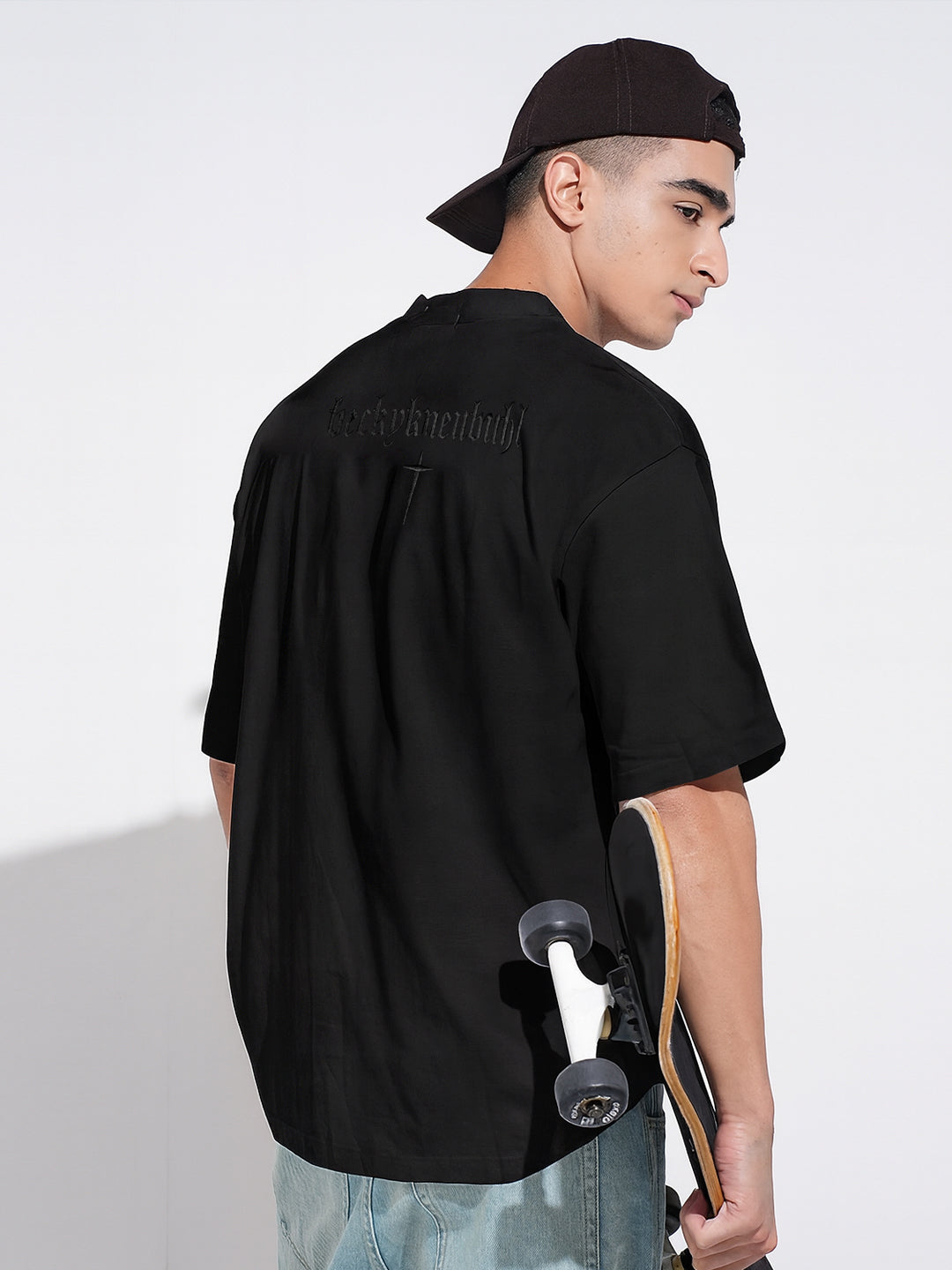 Men's Embroidered Black Round Neck Oversized T-Shirt