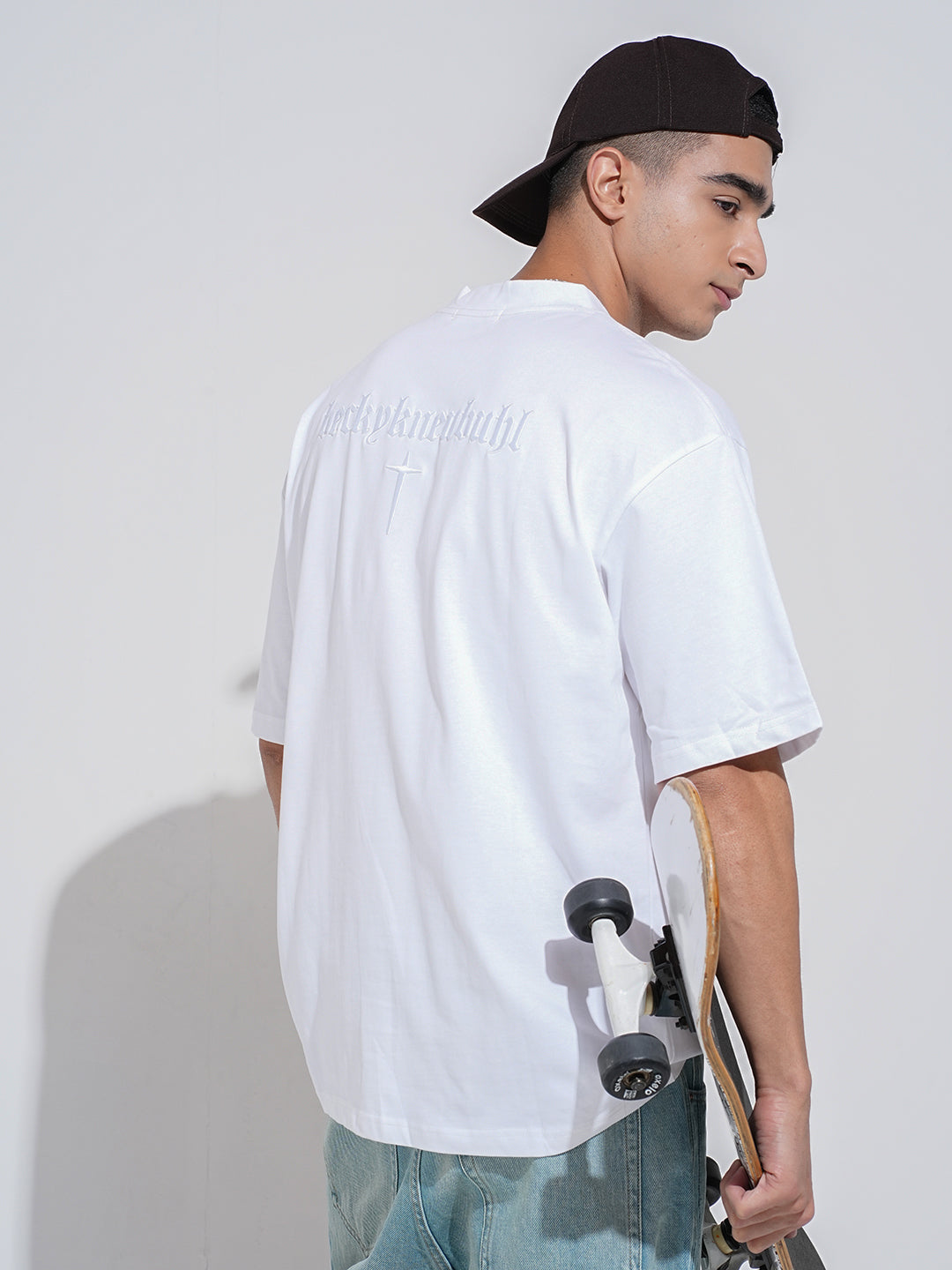 Men's Typography Emnroidered White Short Sleeves Round Neck Oversized T-Shirt