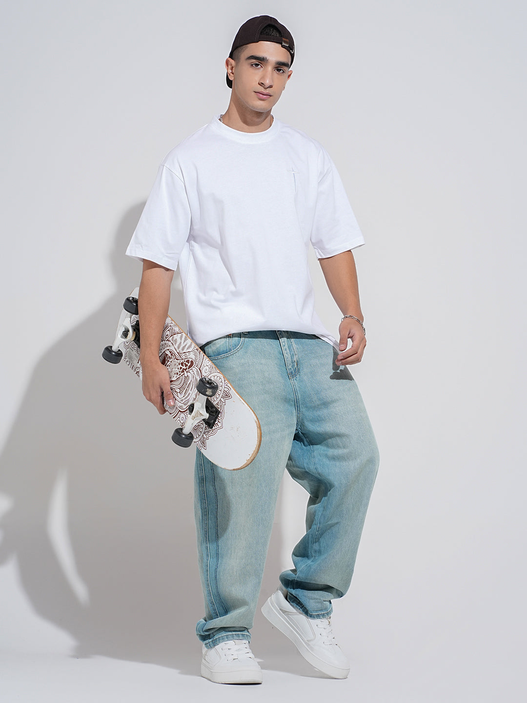 Men's Typography Emnroidered White Short Sleeves Round Neck Oversized T-Shirt