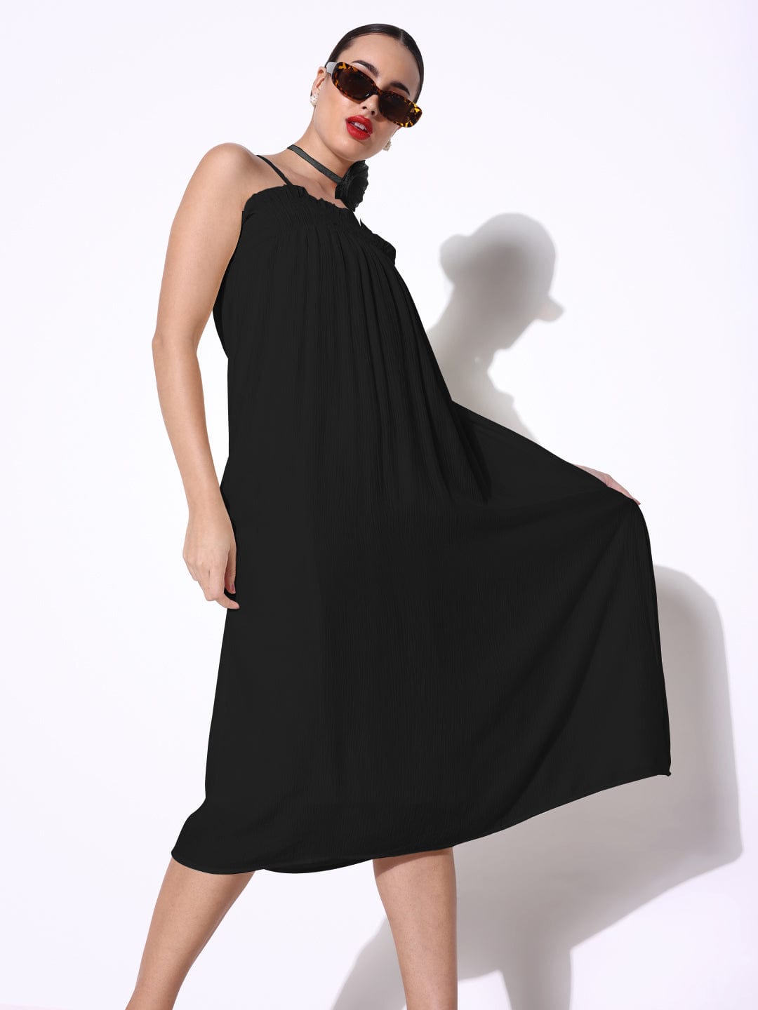 Women's Black Slip on A-Line Dress with Flower Neck Tie