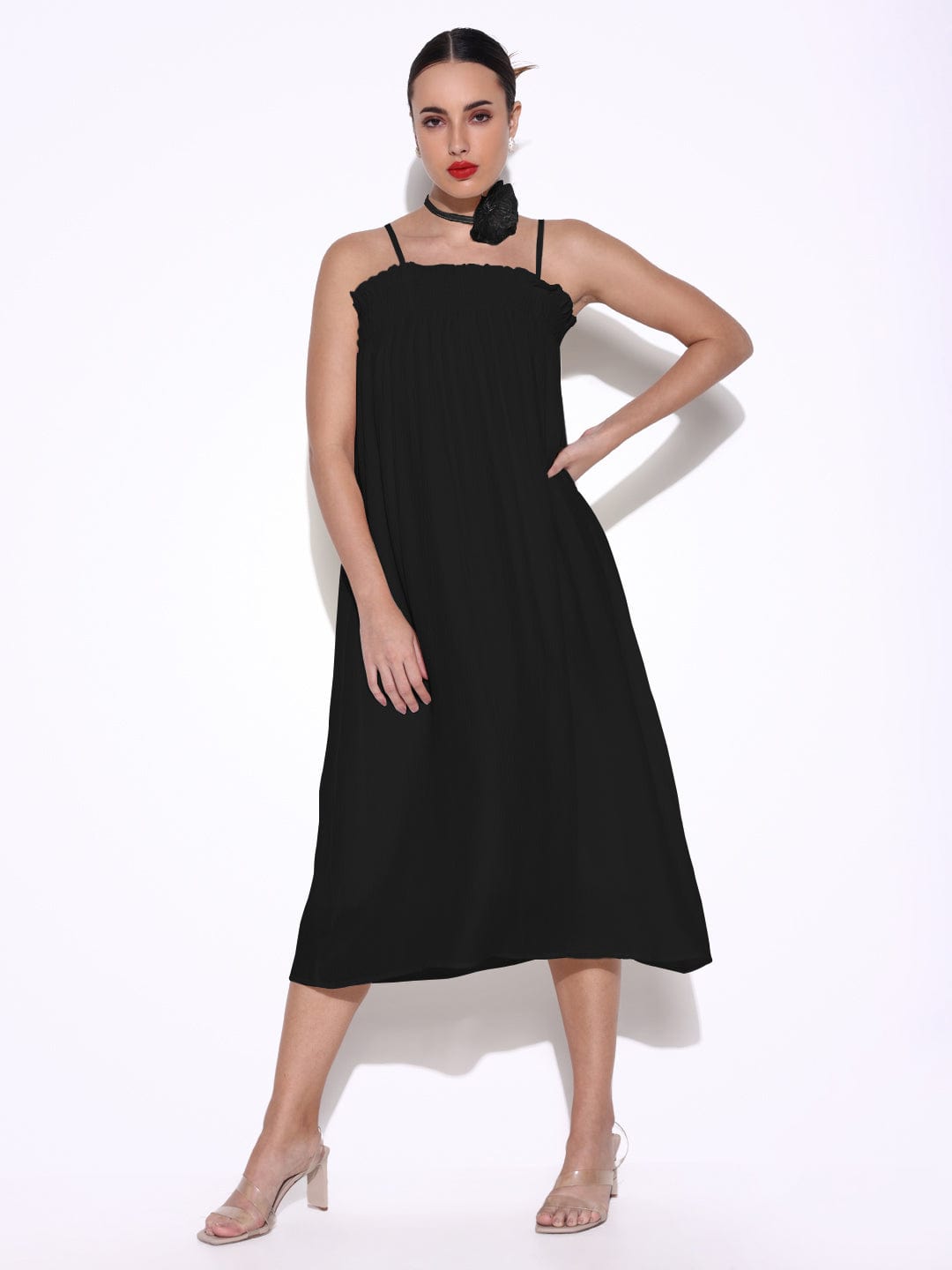 Women's Black Slip on A-Line Dress with Flower Neck Tie