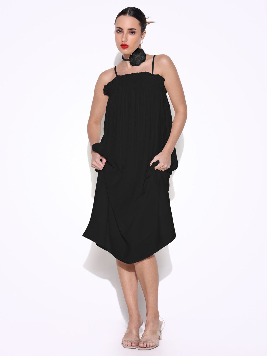 Women's Black Slip on A-Line Dress with Flower Neck Tie