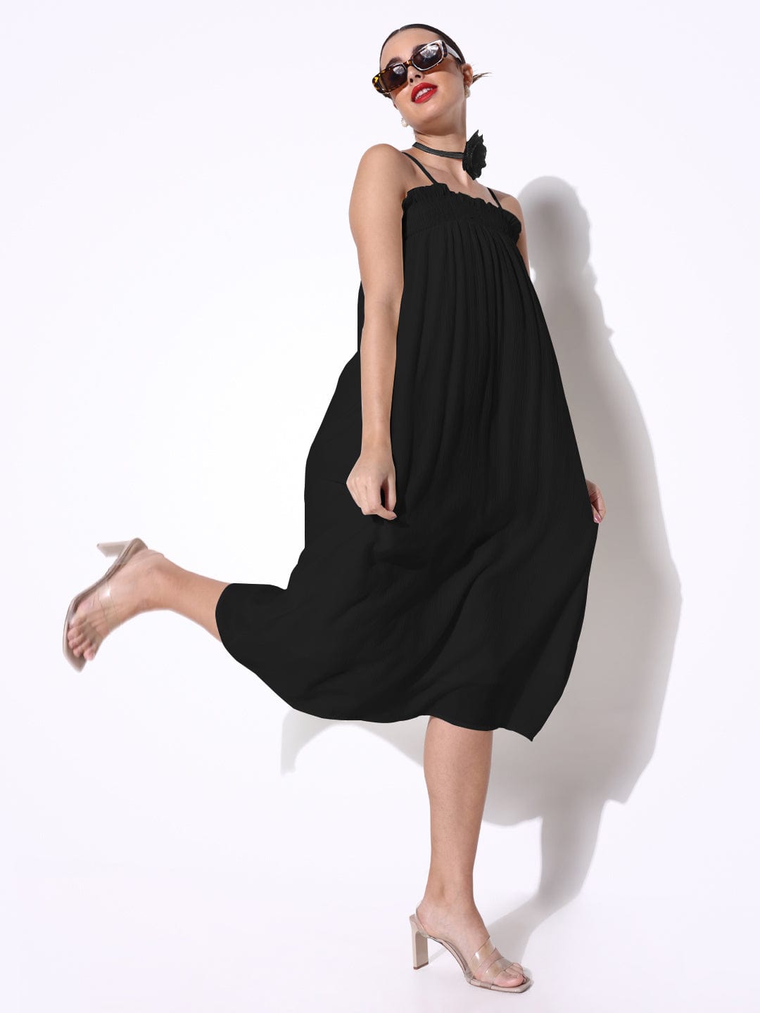 Women's Black Slip on A-Line Dress with Flower Neck Tie