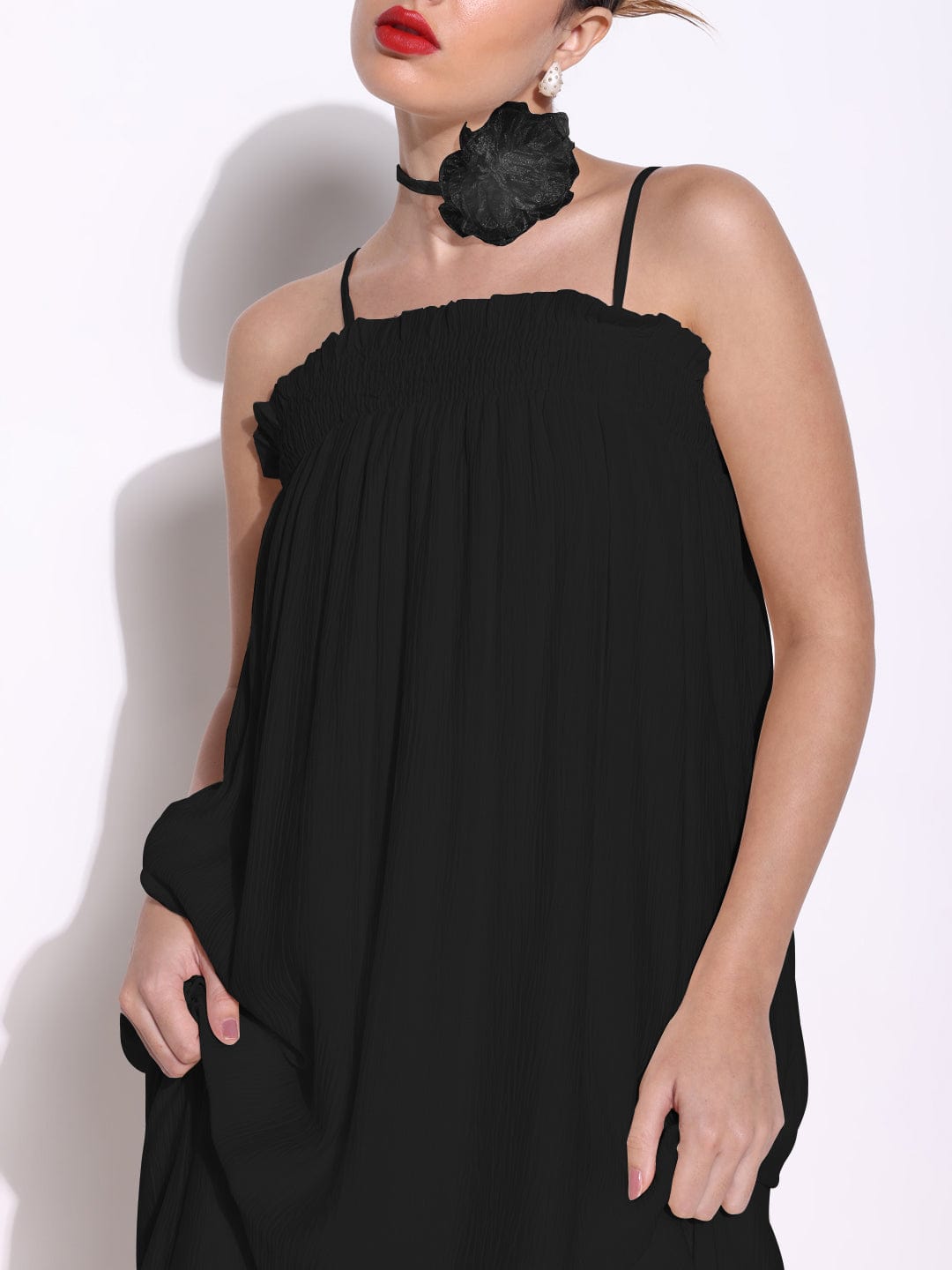 Women's Black Slip on A-Line Dress with Flower Neck Tie