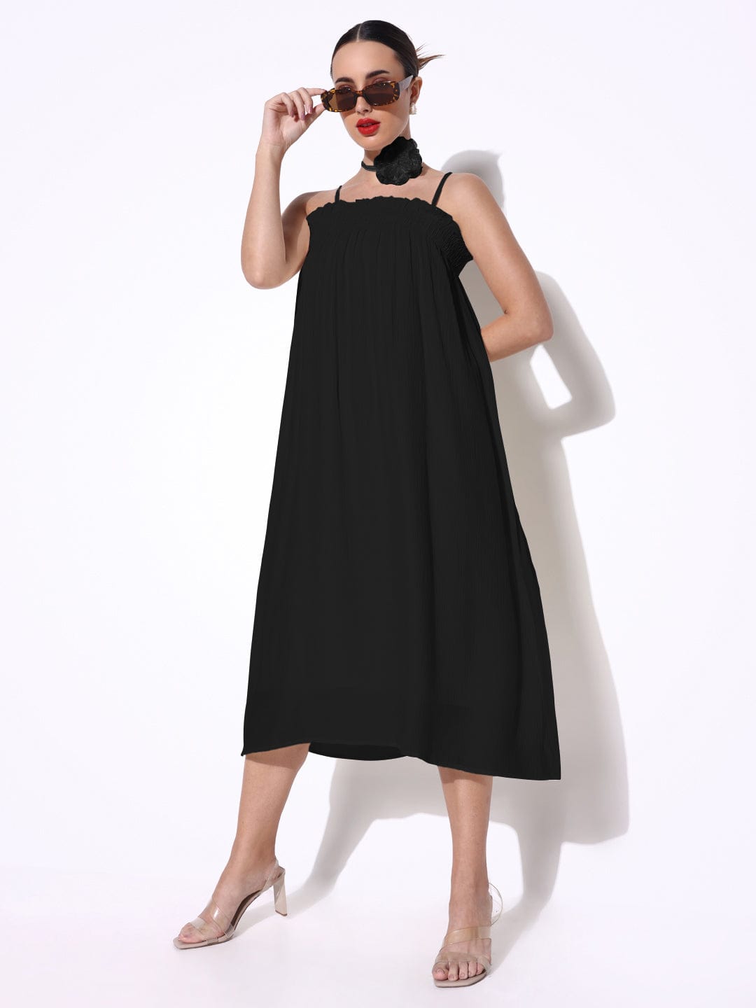 Women's Black Slip on A-Line Dress with Flower Neck Tie