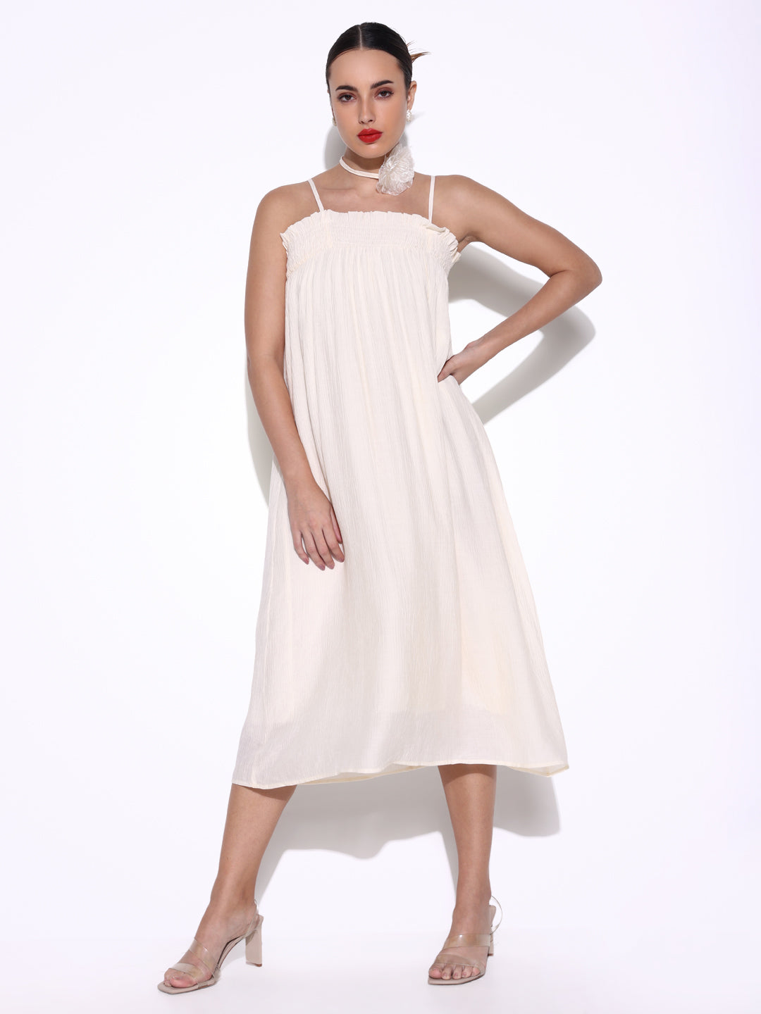 Women Solid Cream A Line Dress with Flower Bow