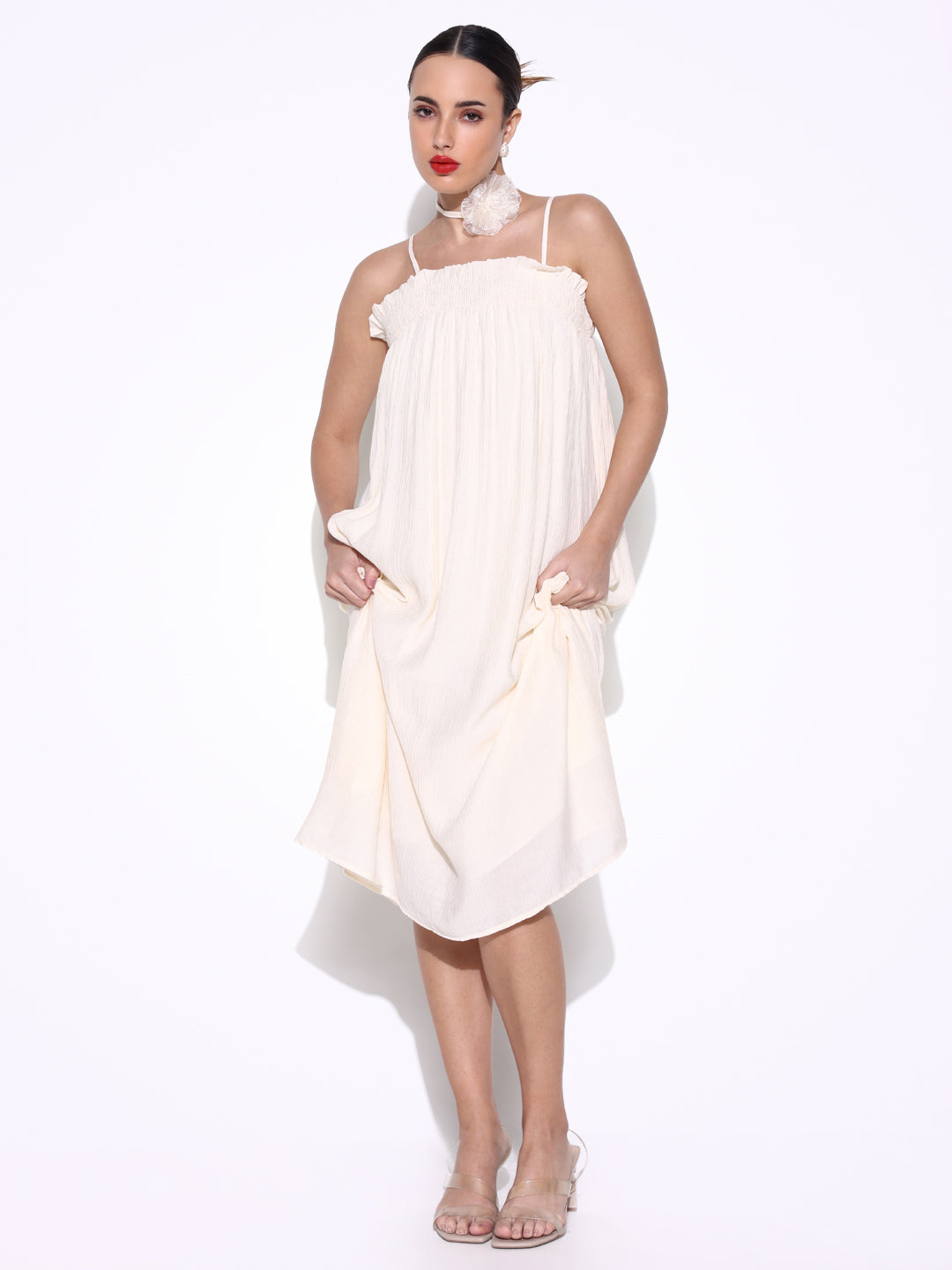 Women Solid Cream A Line Dress with Flower Bow