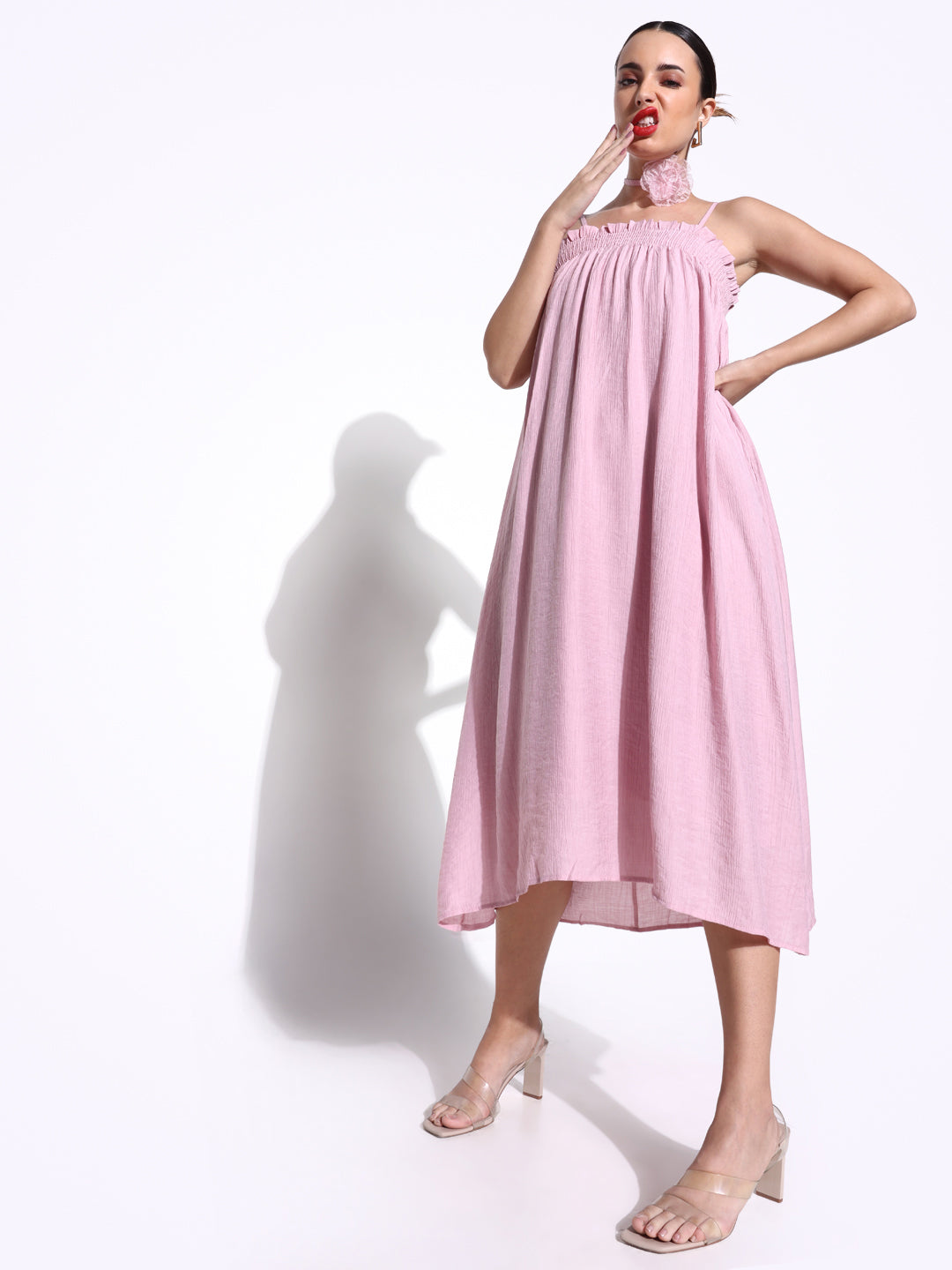 Women Solid Pink A Line Dress with Flower Bow