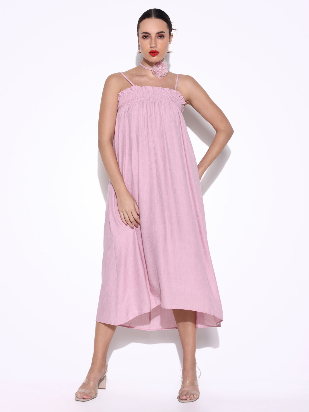 Women Solid Pink A Line Dress with Flower Bow