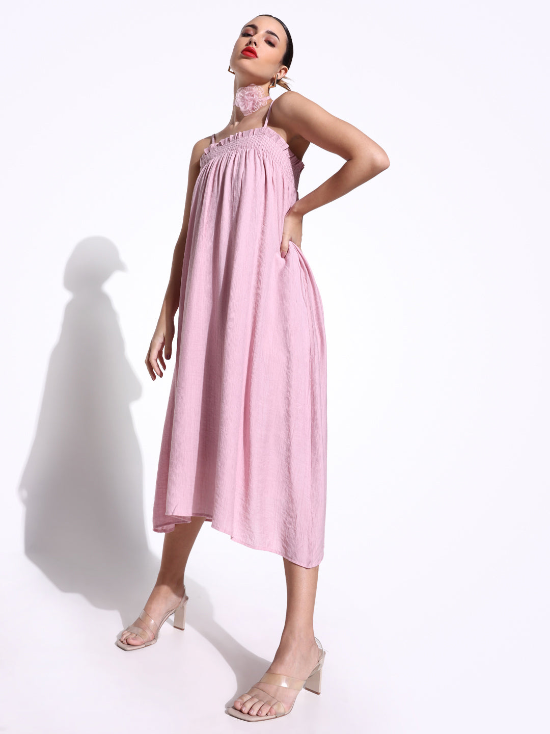 Women Solid Pink A Line Dress with Flower Bow