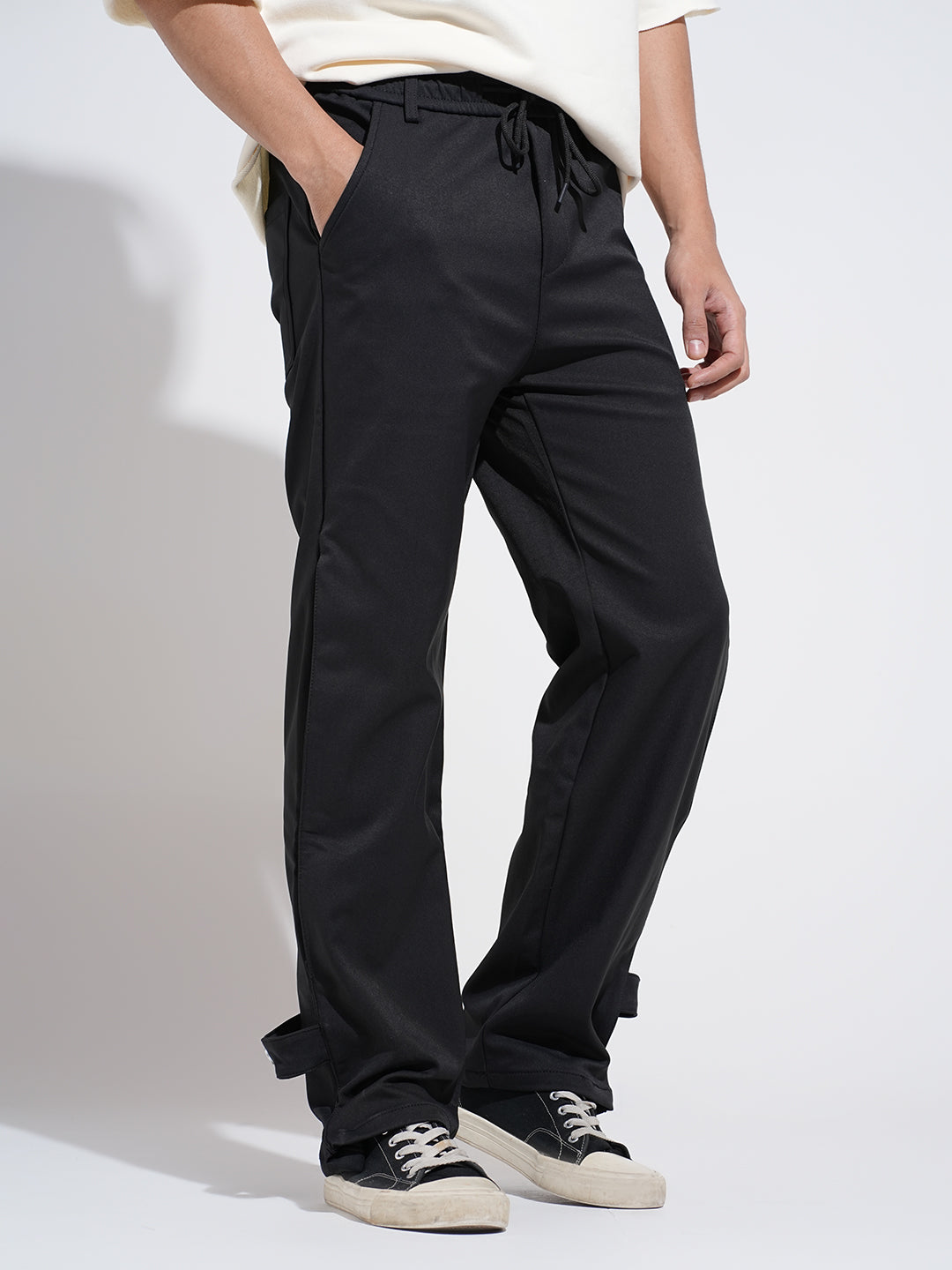 Men's Black Regular Fit Trousers with Adjustable Snap Button Tabs