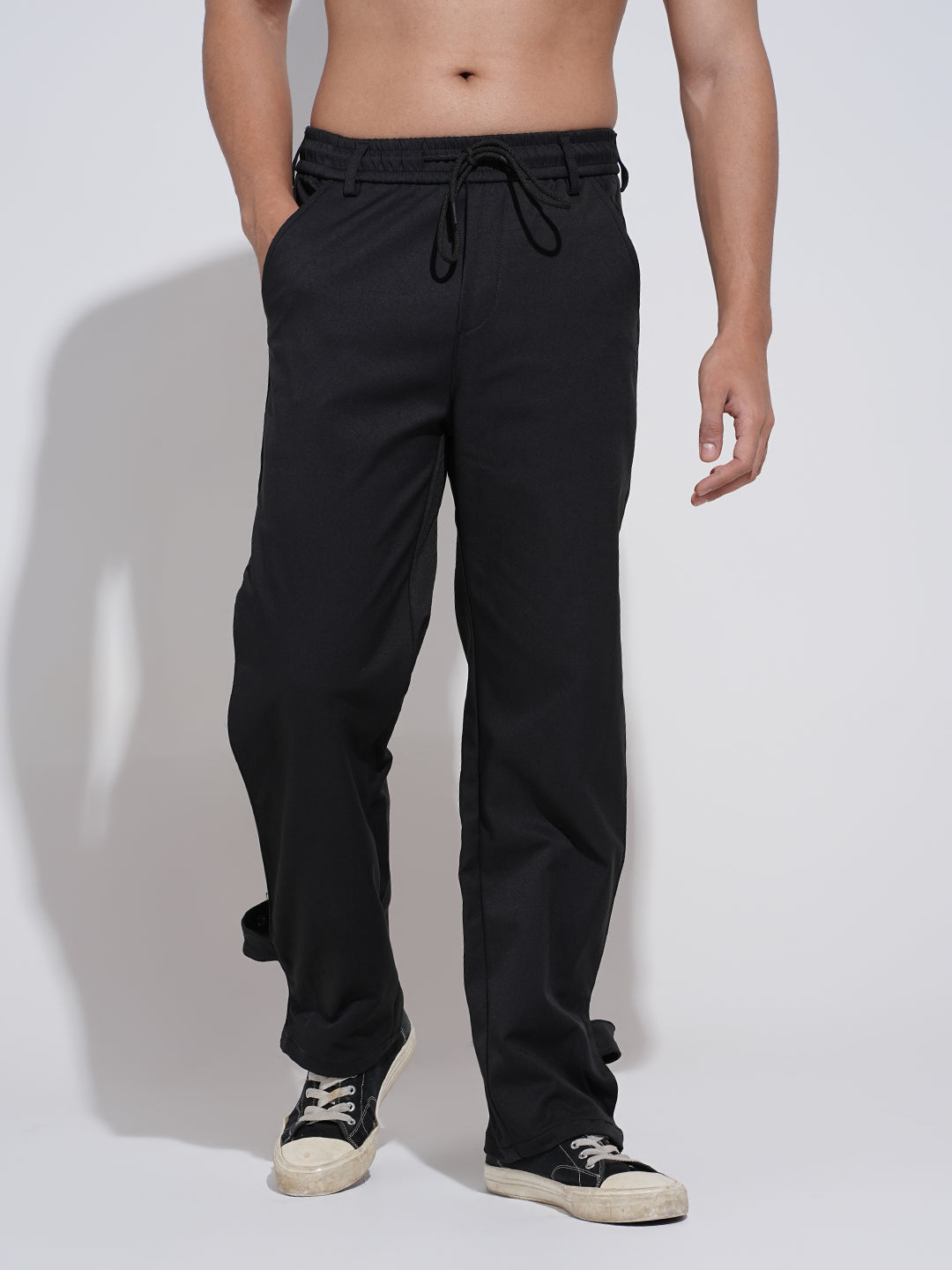Men's Black Regular Fit Trousers with Adjustable Snap Button Tabs