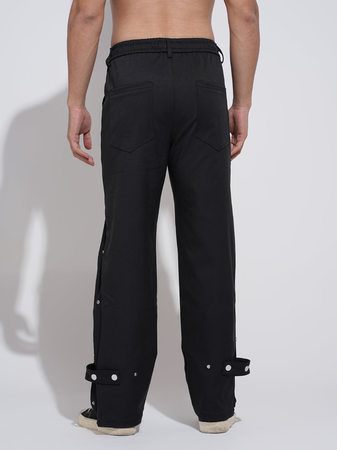 Men's Black Regular Fit Trousers with Adjustable Snap Button Tabs