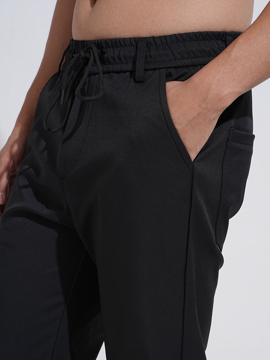 Men's Black Regular Fit Trousers with Adjustable Snap Button Tabs