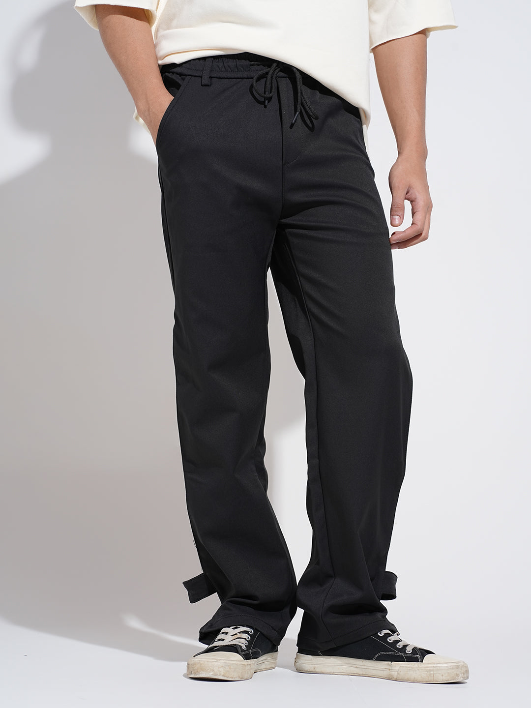 Men's Black Regular Fit Trousers with Adjustable Snap Button Tabs