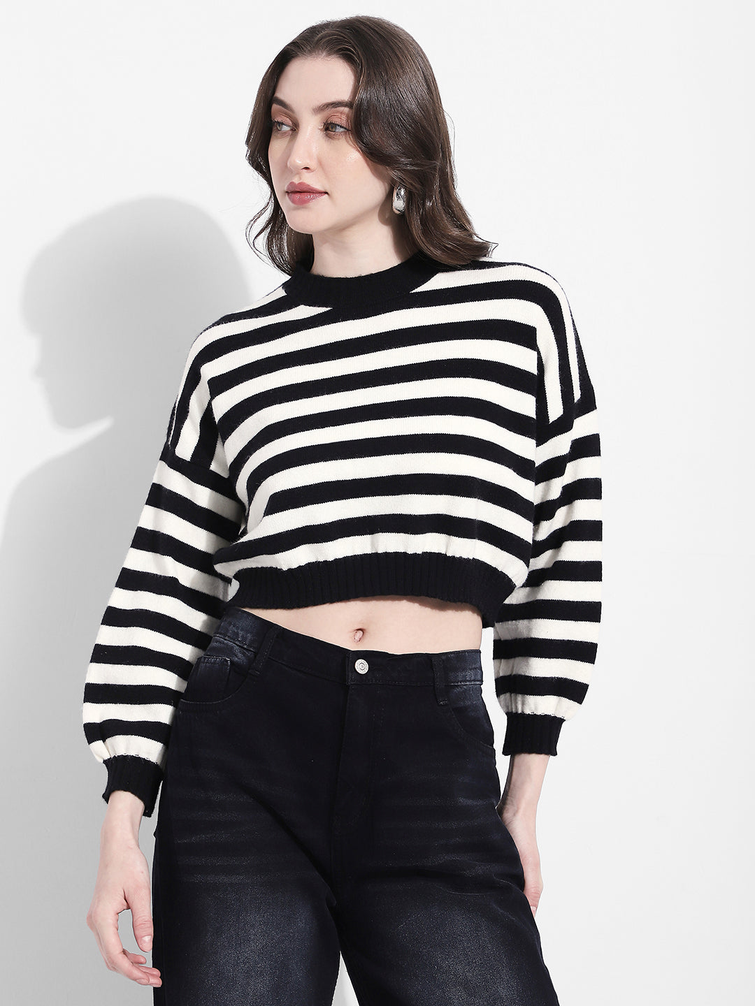 Women's Striped Black & White Knit Crop Top