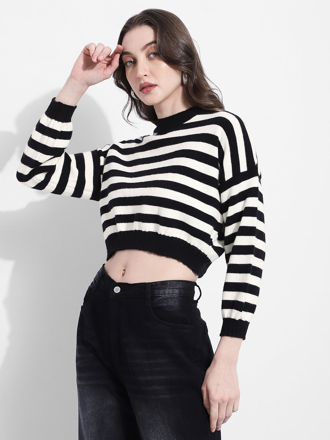 Women's Striped Black & White Knit Crop Top