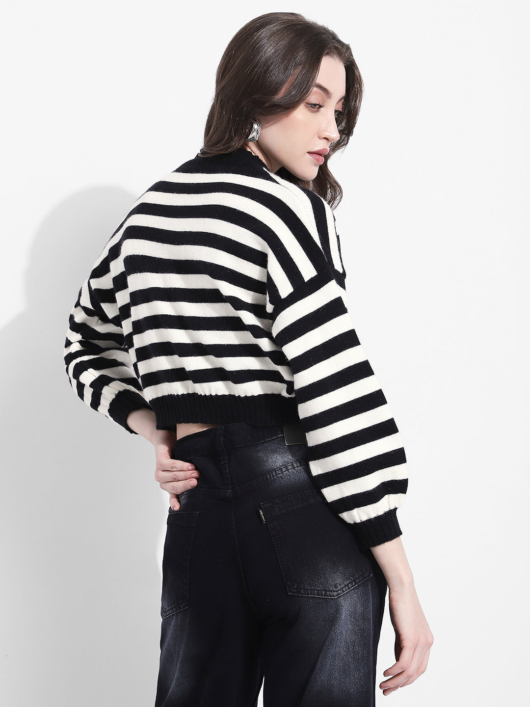 Women's Striped Black & White Knit Crop Top