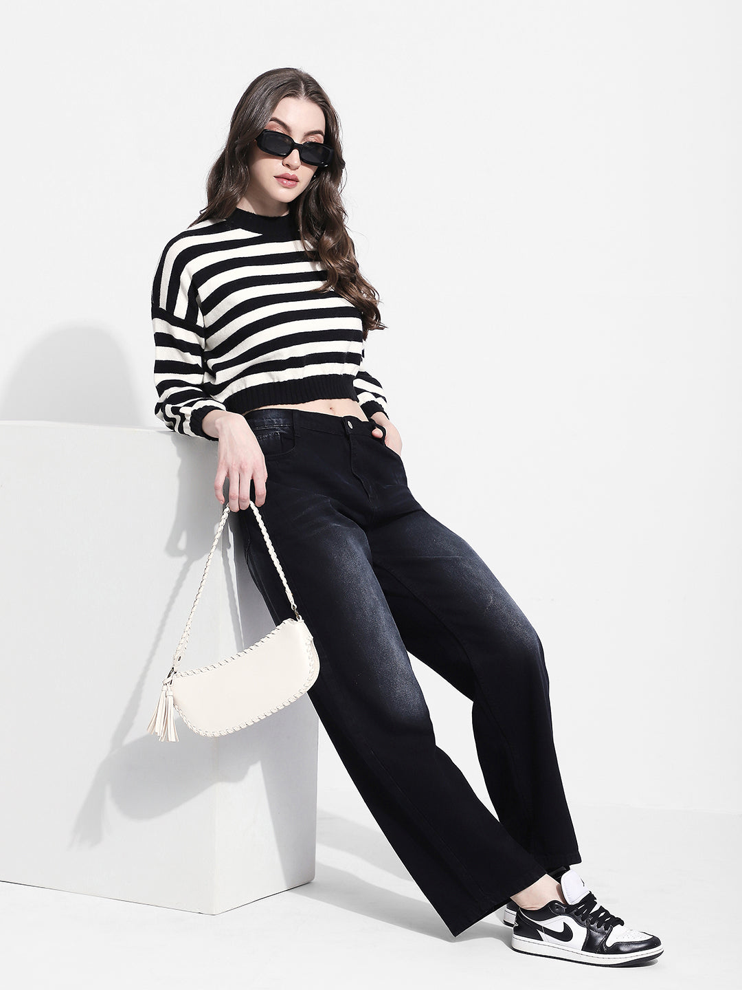 Women's Striped Black & White Knit Crop Top