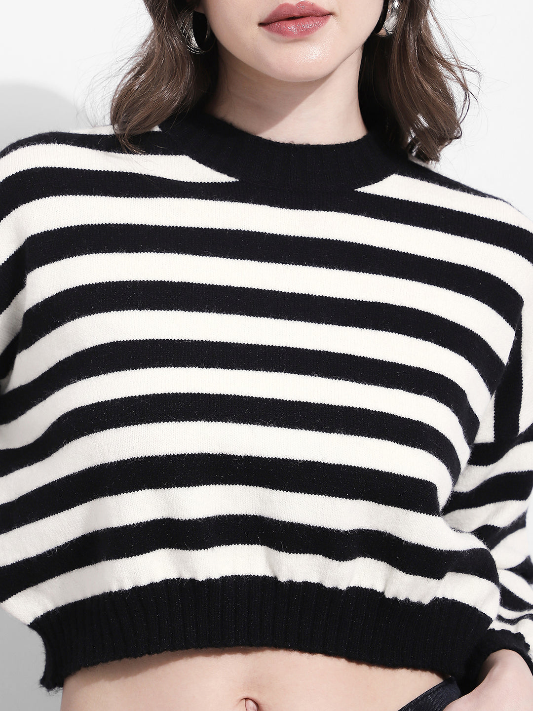 Women's Striped Black & White Knit Crop Top
