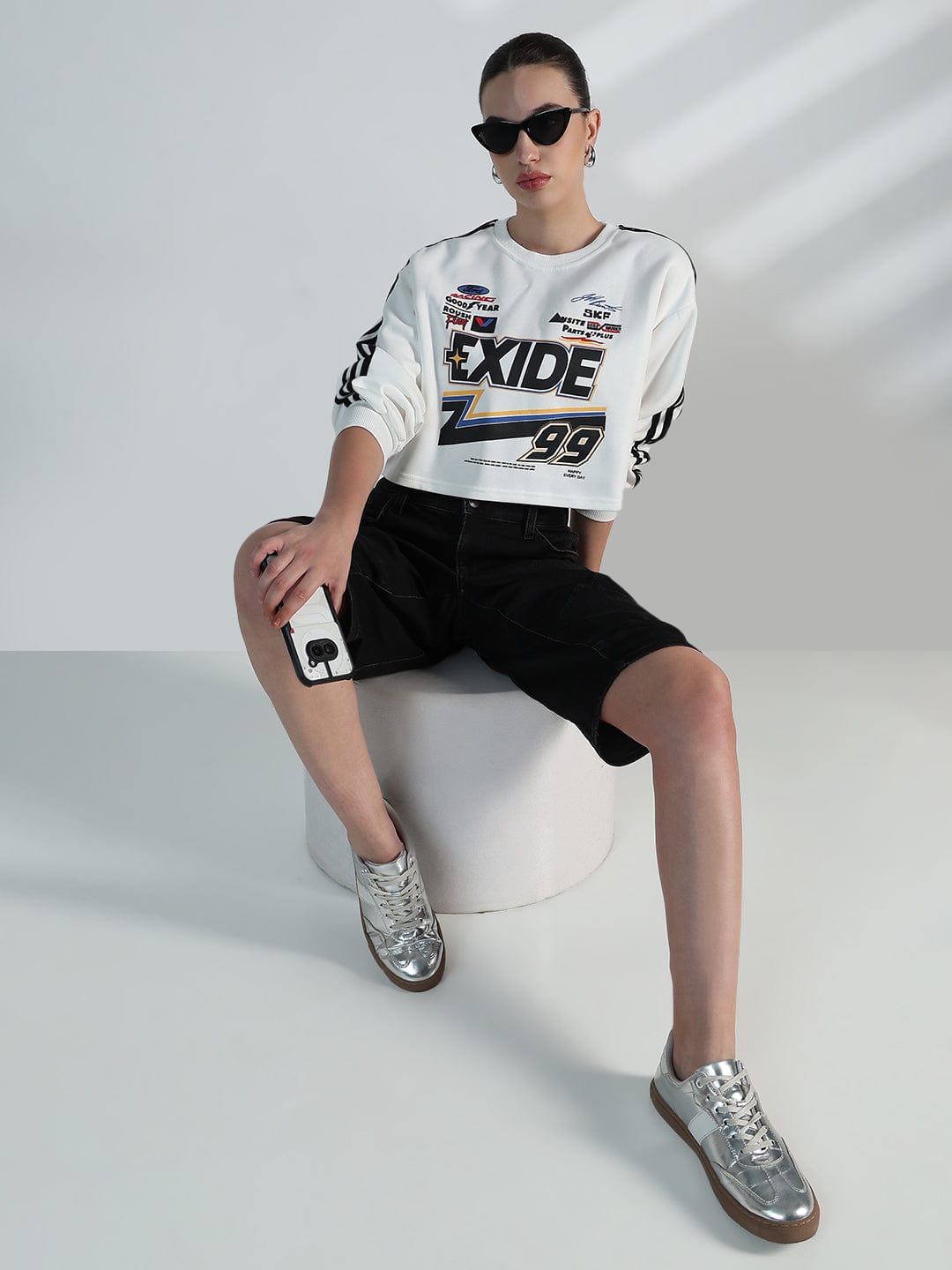 Women's White Motorsport Oversized Crop Sweatshirt