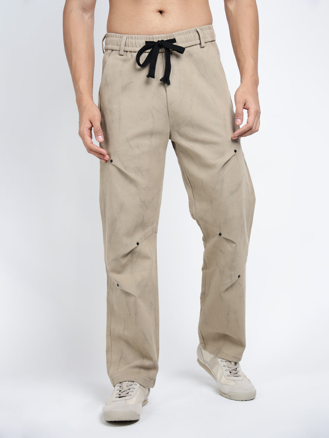 Men's Beige Relaxed Fit Elasticated Waist with Drawstring Jeans