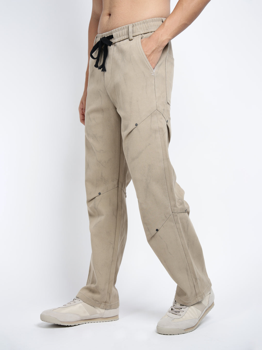 Men's Beige Relaxed Fit Elasticated Waist with Drawstring Jeans