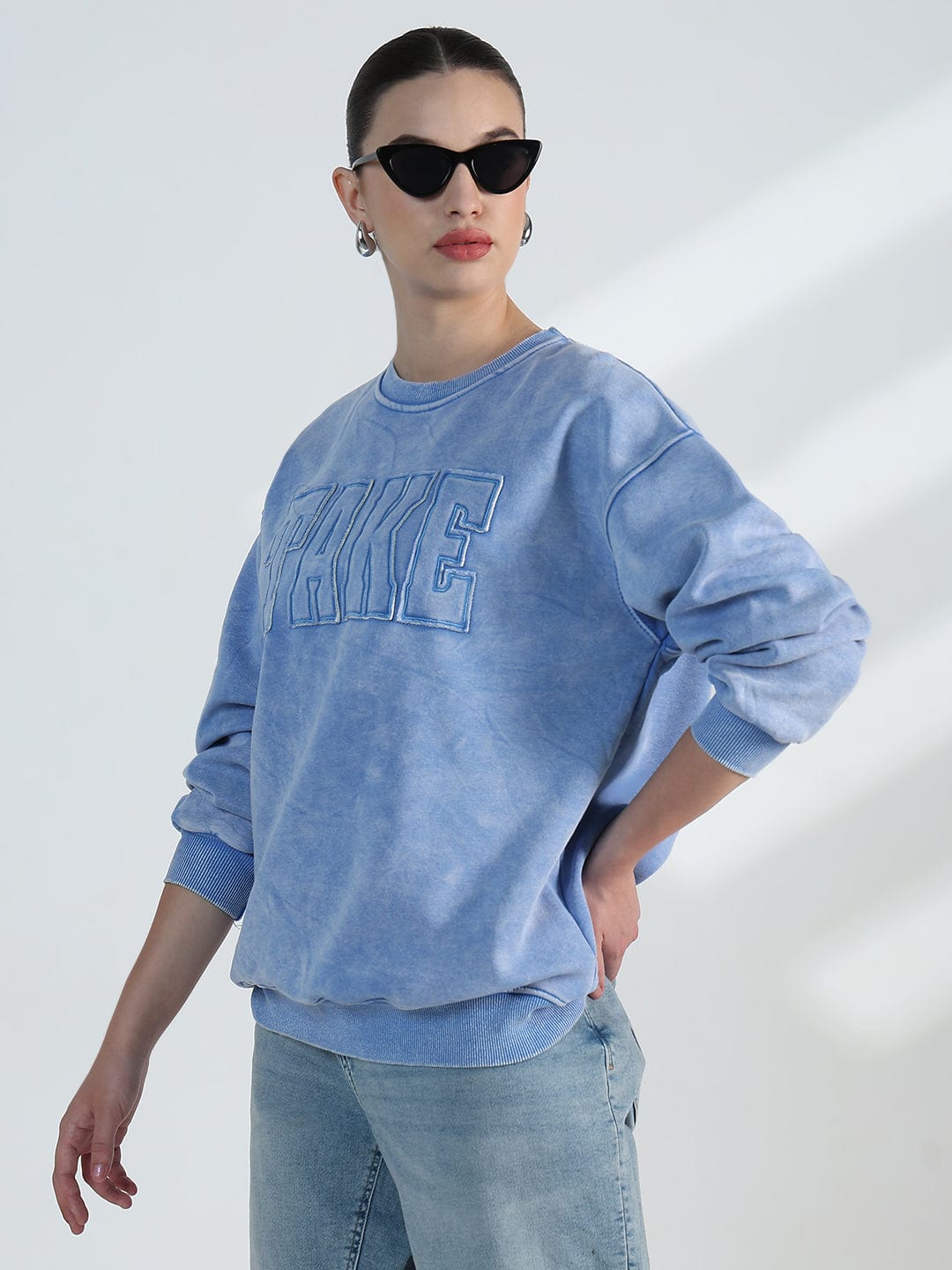 Women's Typography Blue Round Neck Oversized Sweatshirt