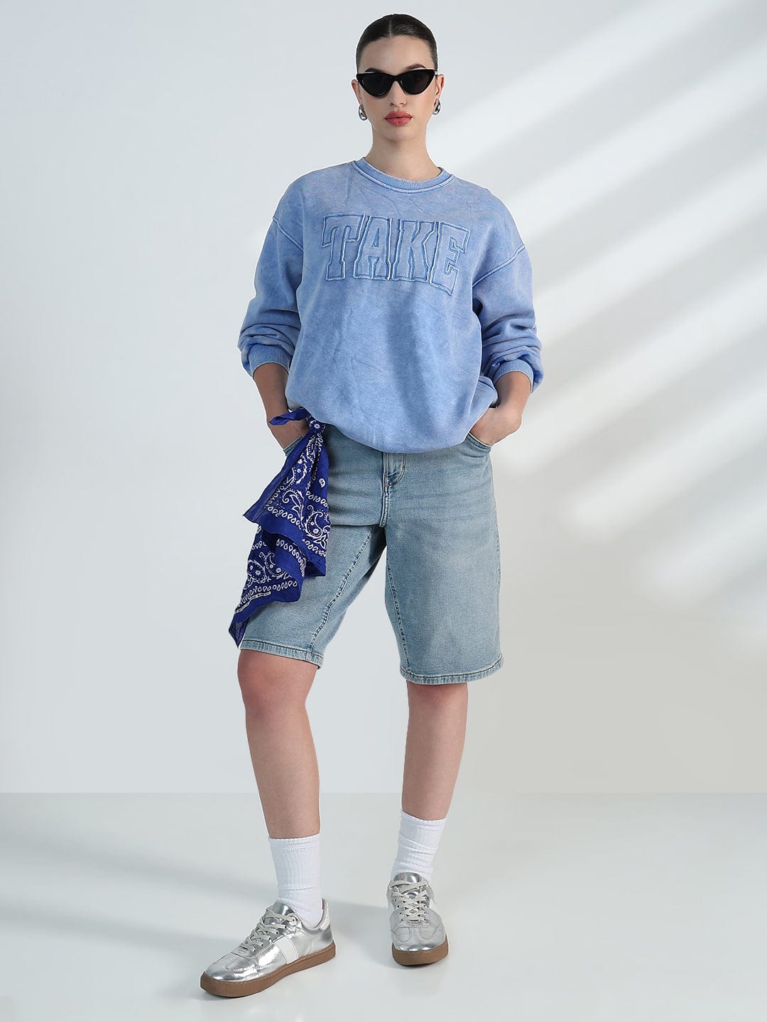 Women's Typography Blue Round Neck Oversized Sweatshirt