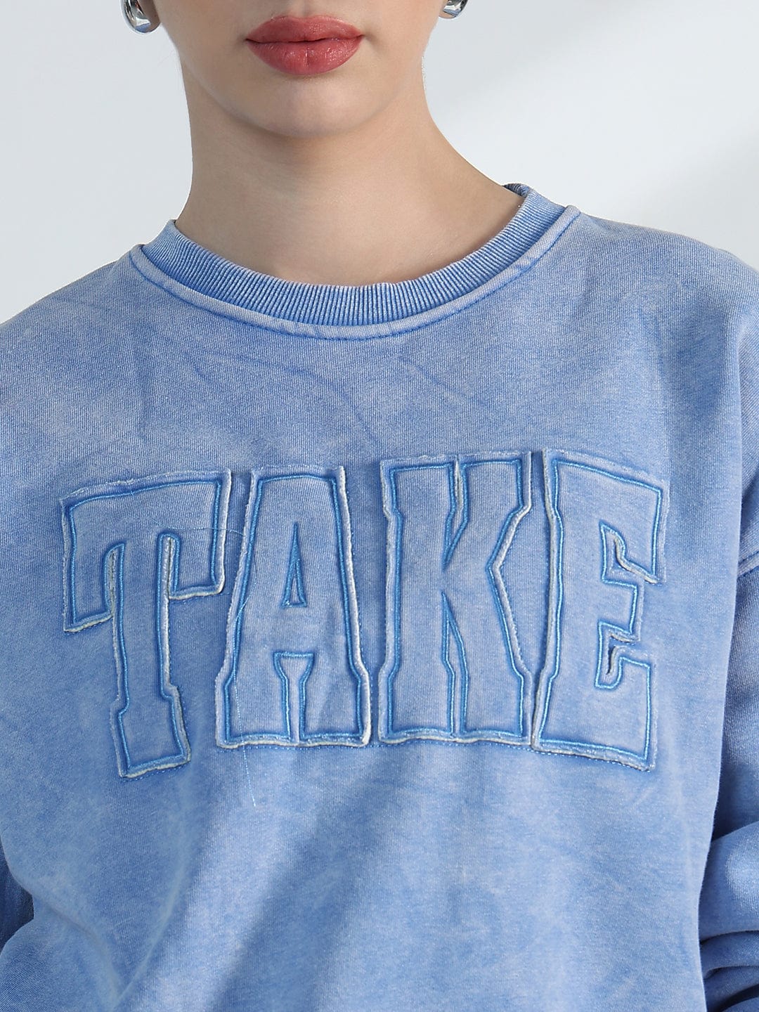 Women's Typography Blue Round Neck Oversized Sweatshirt