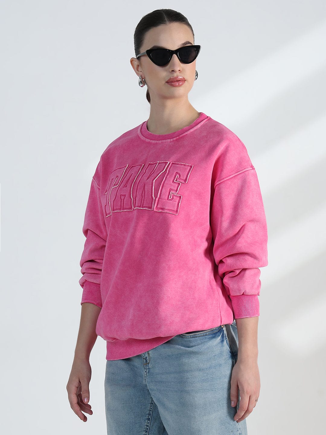 Women's Typography Pink Round Neck Oversized Sweatshirt