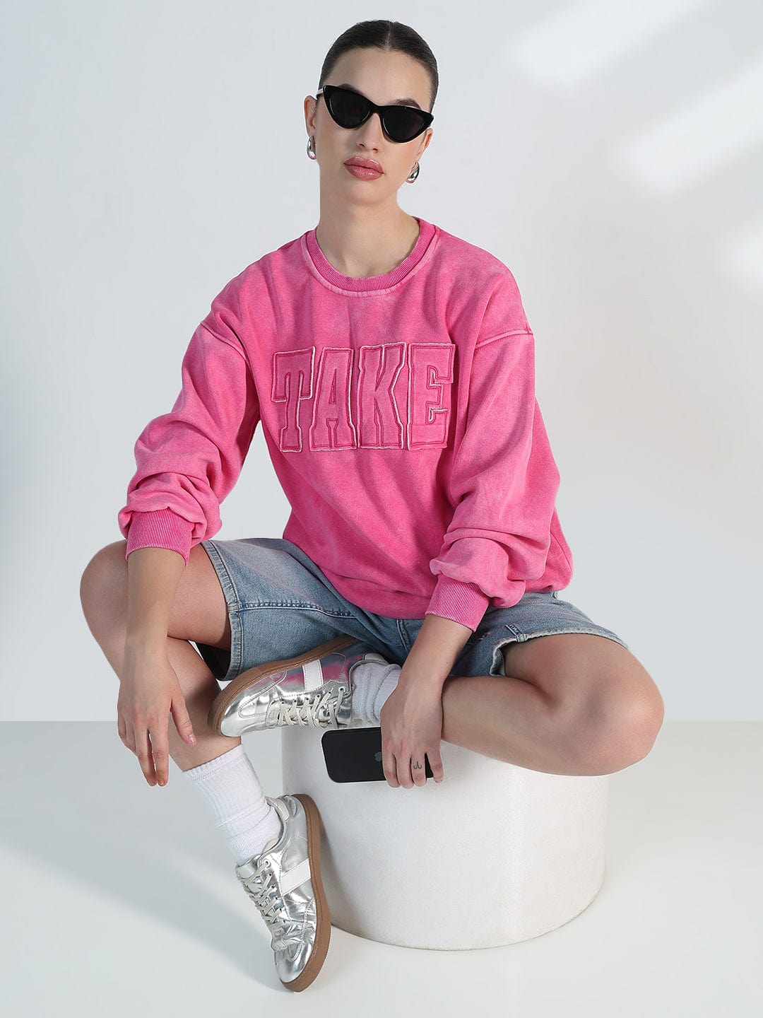 Women's Typography Pink Round Neck Oversized Sweatshirt