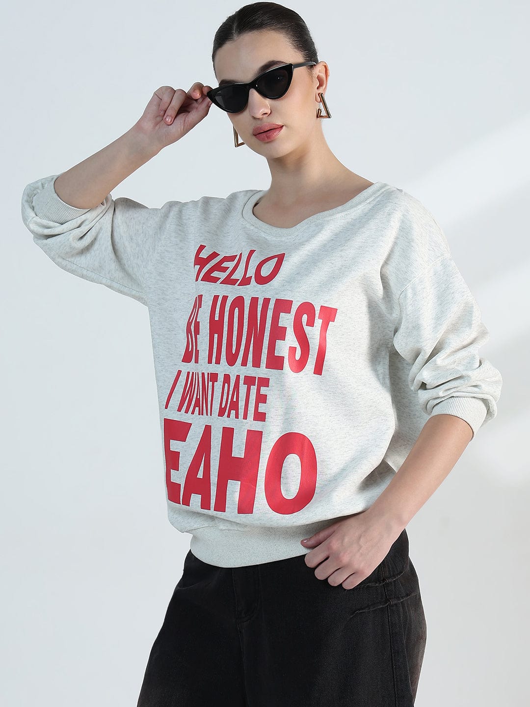 Women's Typography Grey Scoop Neck Oversized Sweatshirt