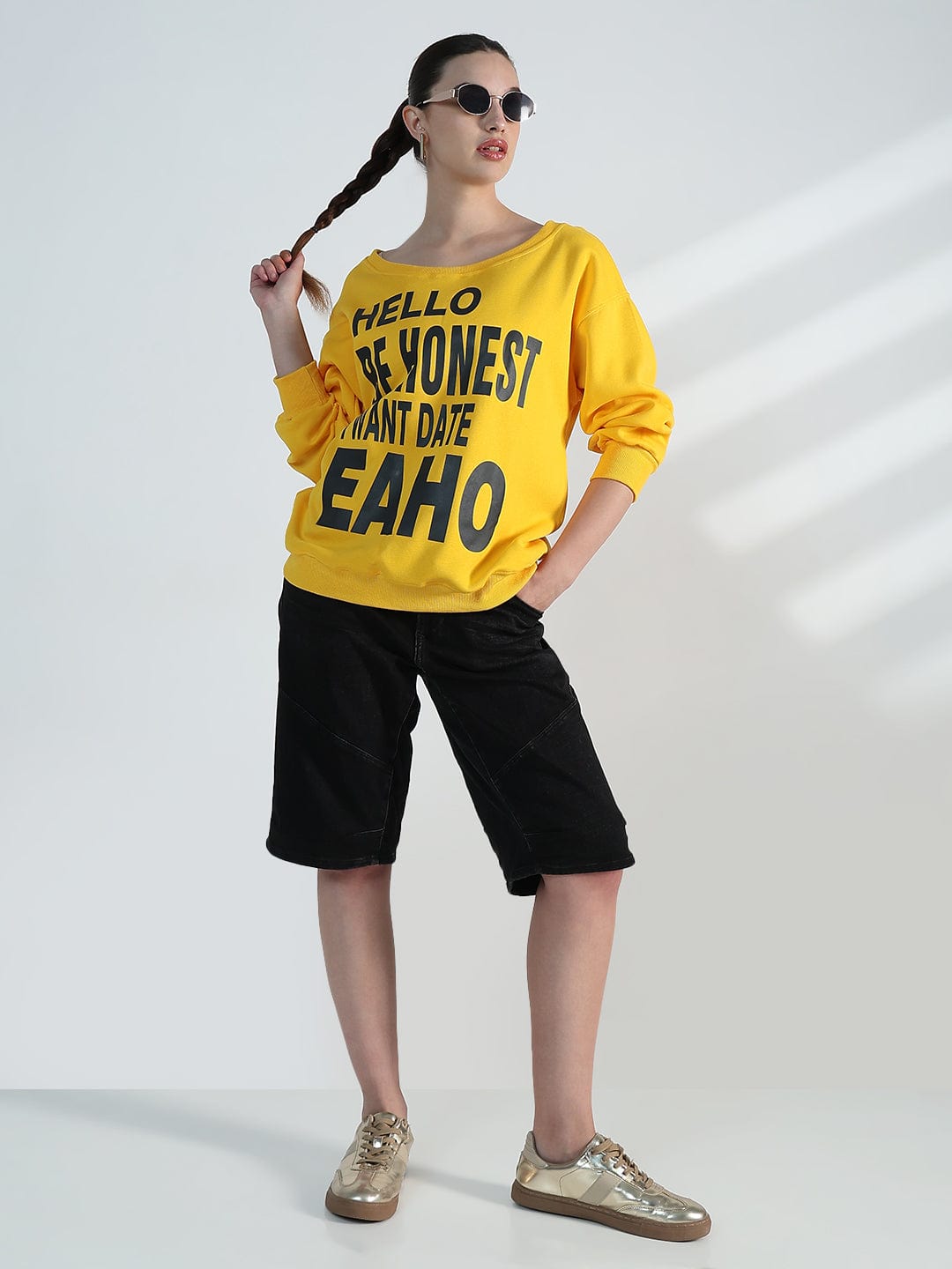 Women's Typography Yellow Scoop Neck Oversized Sweatshirt