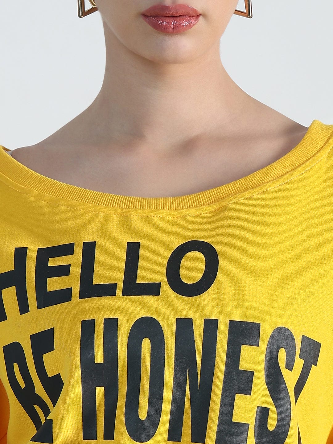 Women's Typography Yellow Scoop Neck Oversized Sweatshirt