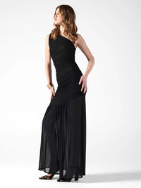 Women's Ruched Black One-Shoulder Maxi Dress with Sheer Hem